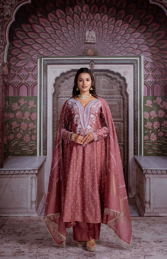 Rust Embroidered Anarkali