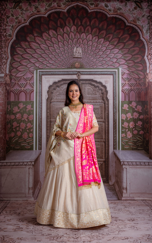 Ivory & Fuchsia Banarasi Lehenga
