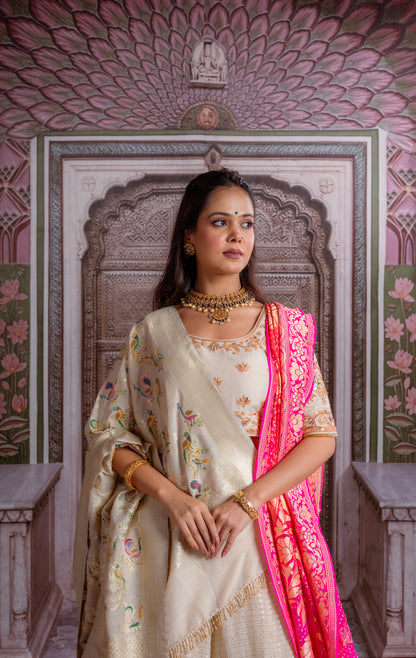 Ivory & Fuchsia Banarasi Lehenga