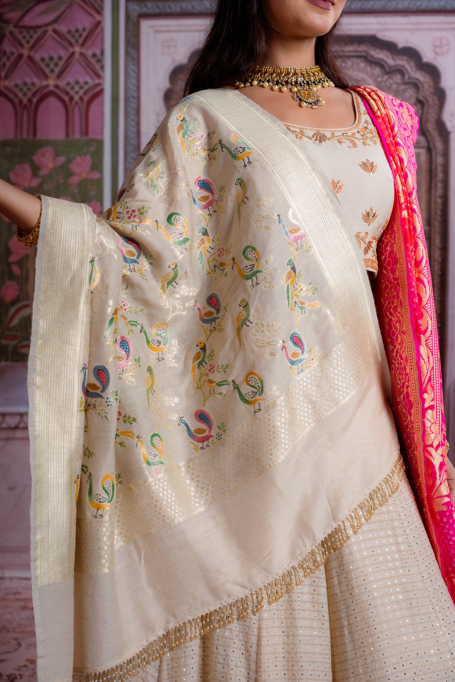 Ivory & Fuchsia Banarasi Lehenga