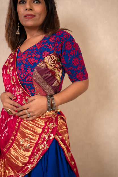 Royal Blue Lehenga with Pink Gajji Silk Dupatta