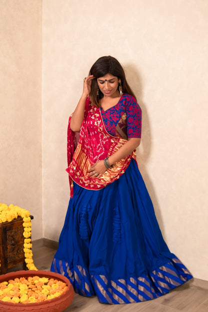 Royal Blue Lehenga with Pink Gajji Silk Dupatta