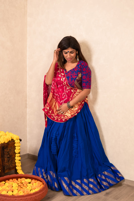Royal Blue Lehenga with Pink Gajji Silk Dupatta