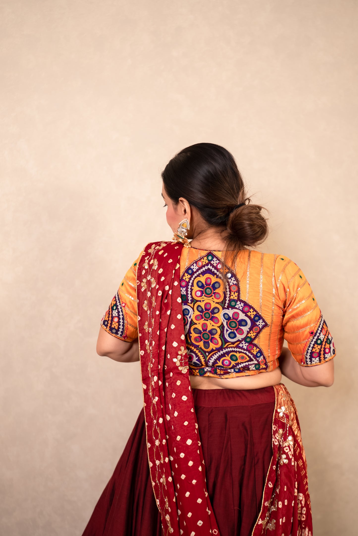 Maroon Chaniya Choli with Mustard Blouse & Bandhej Dupatta