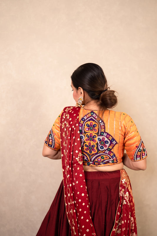 Maroon Chaniya Choli with Mustard Blouse & Bandhej Dupatta