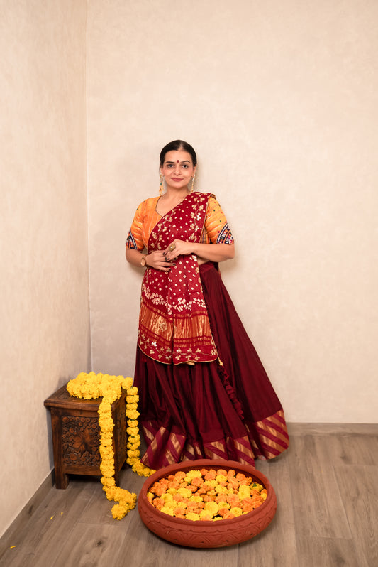 Maroon Chaniya Choli with Mustard Blouse & Bandhej Dupatta