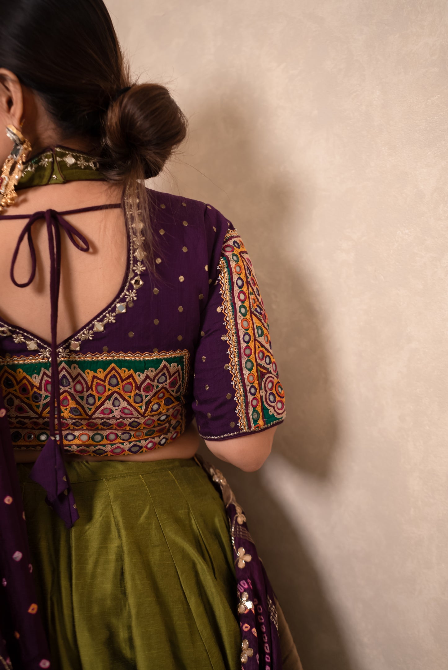 Olive Green Chaniya Choli with Purple Mirror-Work Blouse & Dupatta