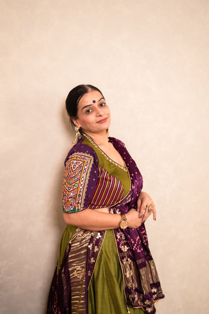 Olive Green Chaniya Choli with Purple Mirror-Work Blouse & Dupatta