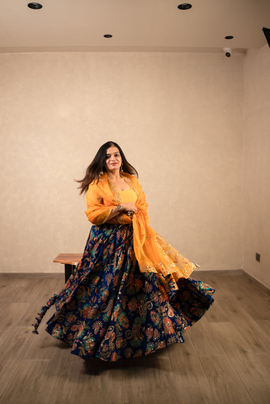 Royal Blue Chaniya Choli with Mustard Dupatta