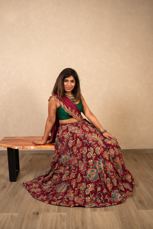 Maroon Embroidered Chaniya Choli with Green Blouse