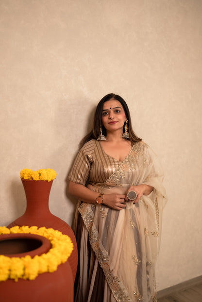 Golden Striped Chaniya Choli with Sheer Dupatta