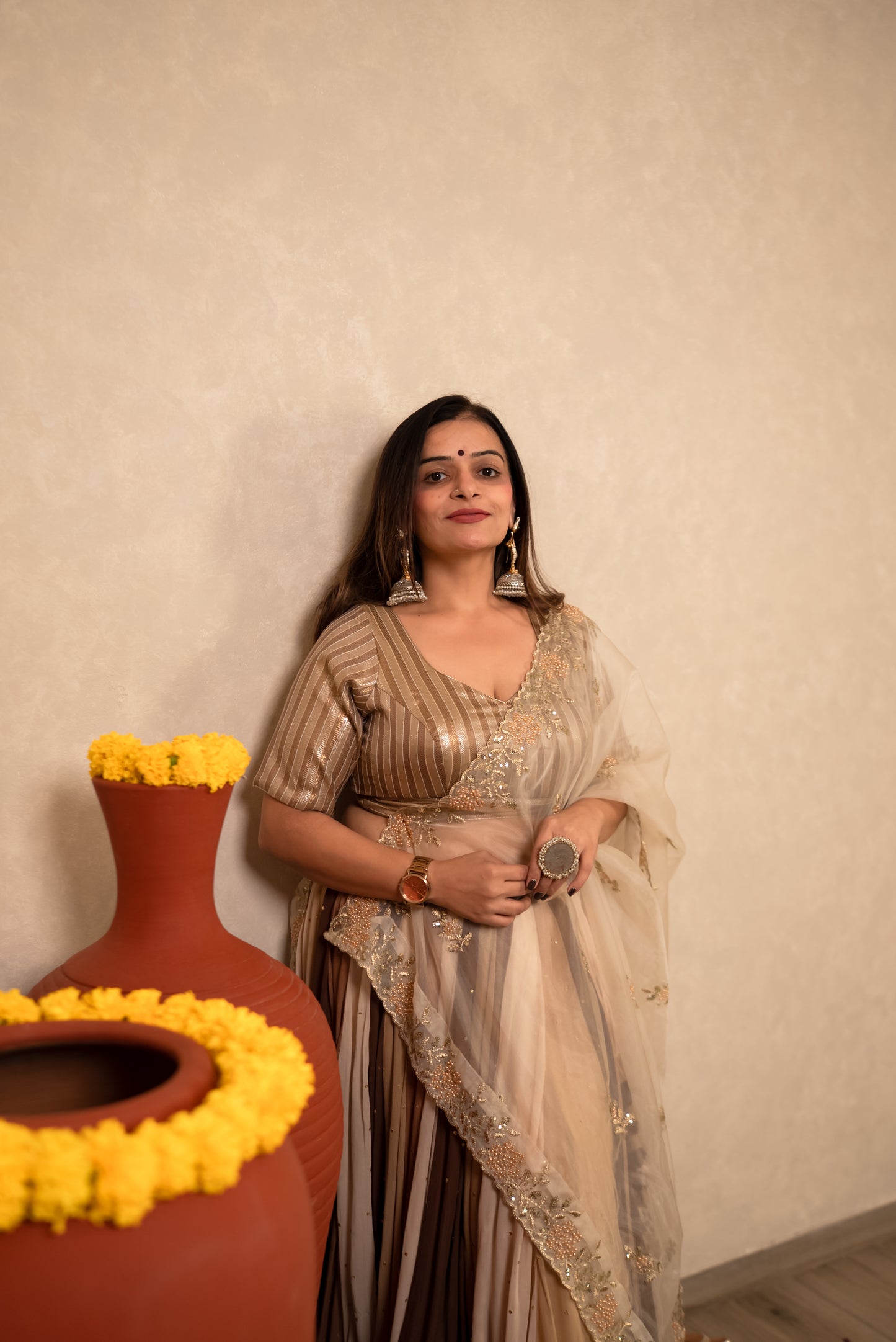 Golden Striped Chaniya Choli with Sheer Dupatta