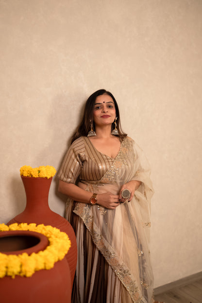 Golden Striped Chaniya Choli with Sheer Dupatta