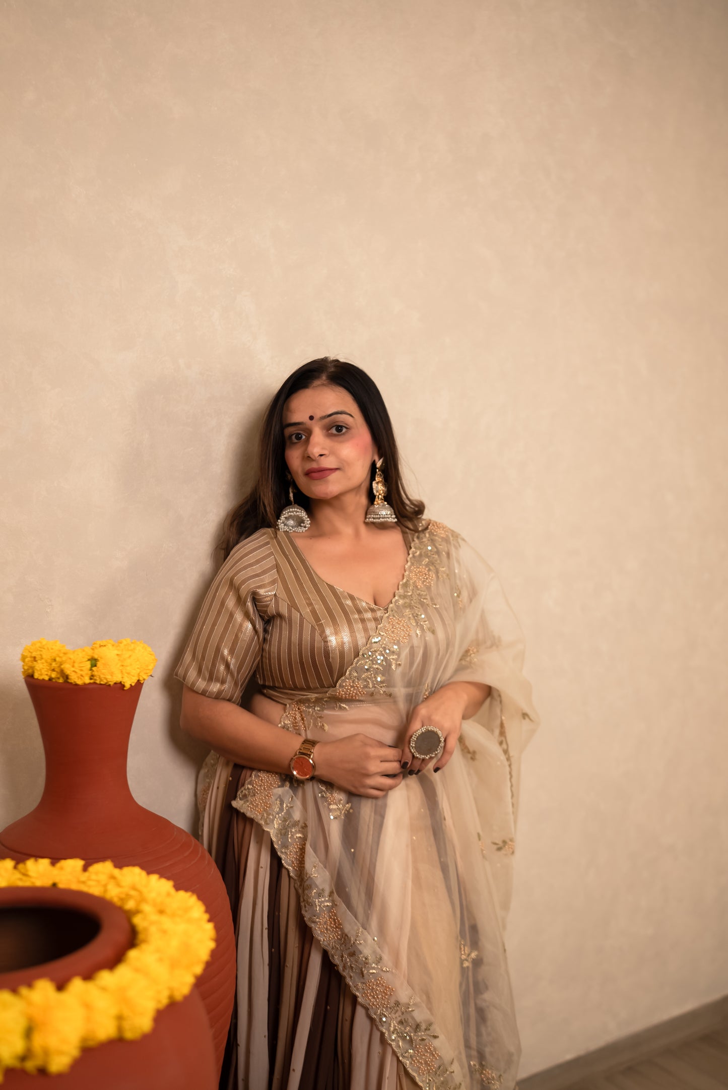 Golden Striped Chaniya Choli with Sheer Dupatta