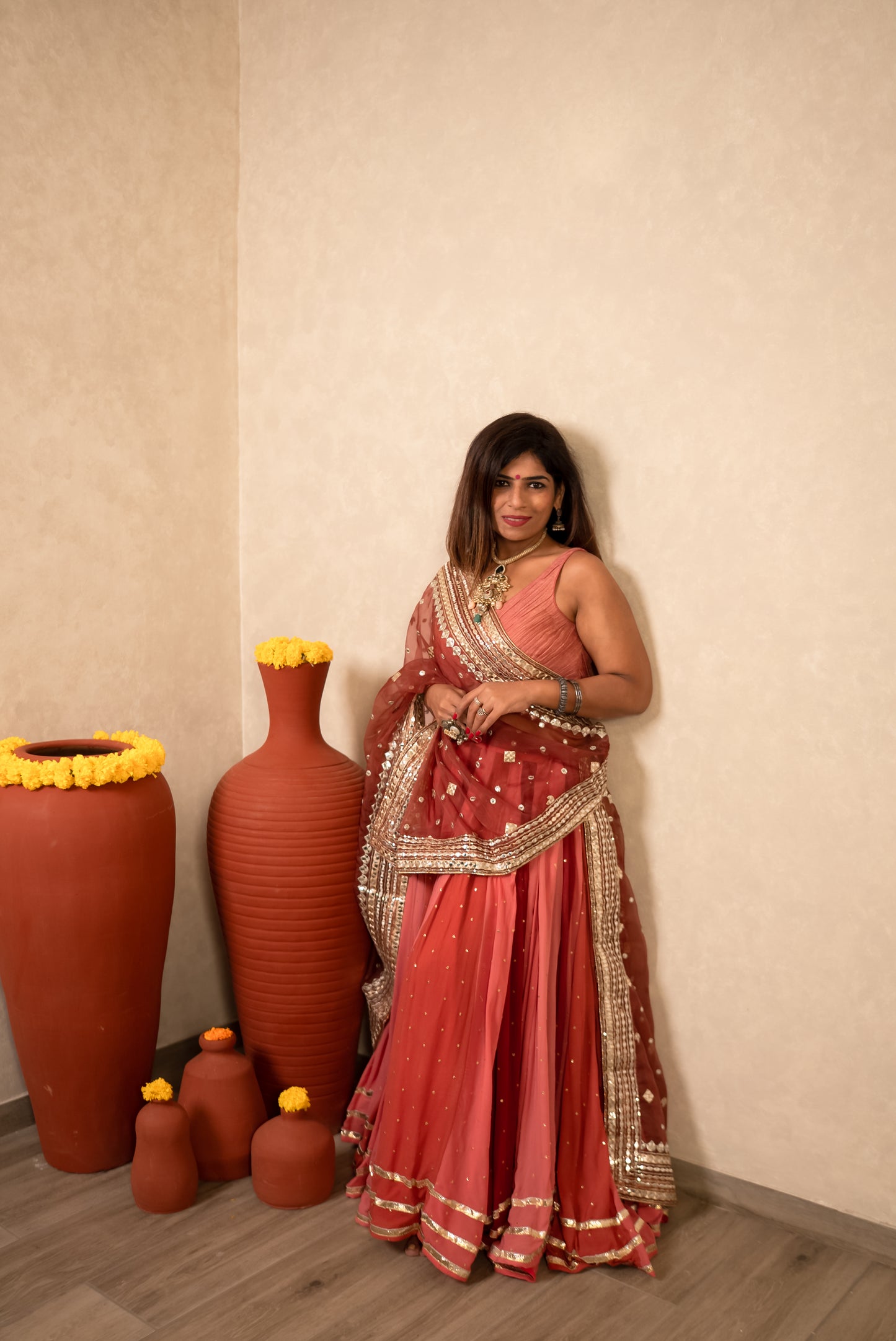 Peach & Maroon Sequined Lehenga