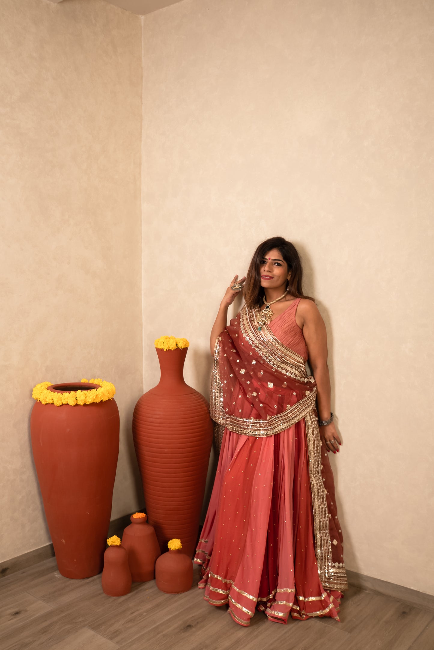 Peach & Maroon Sequined Lehenga