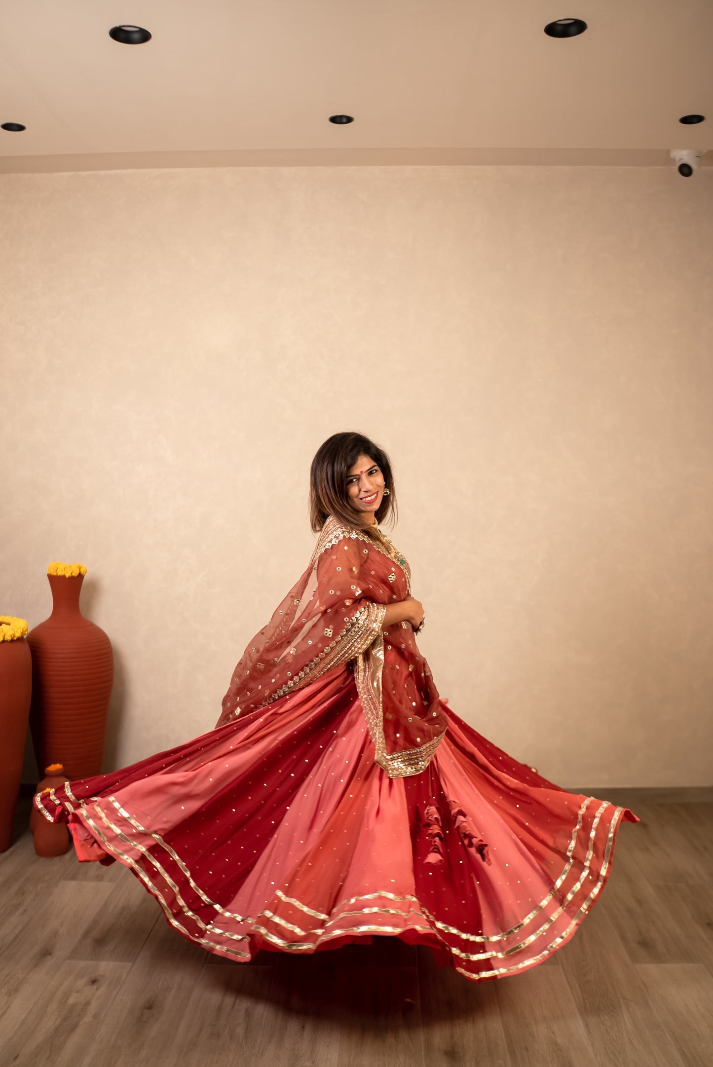 Peach & Maroon Sequined Lehenga