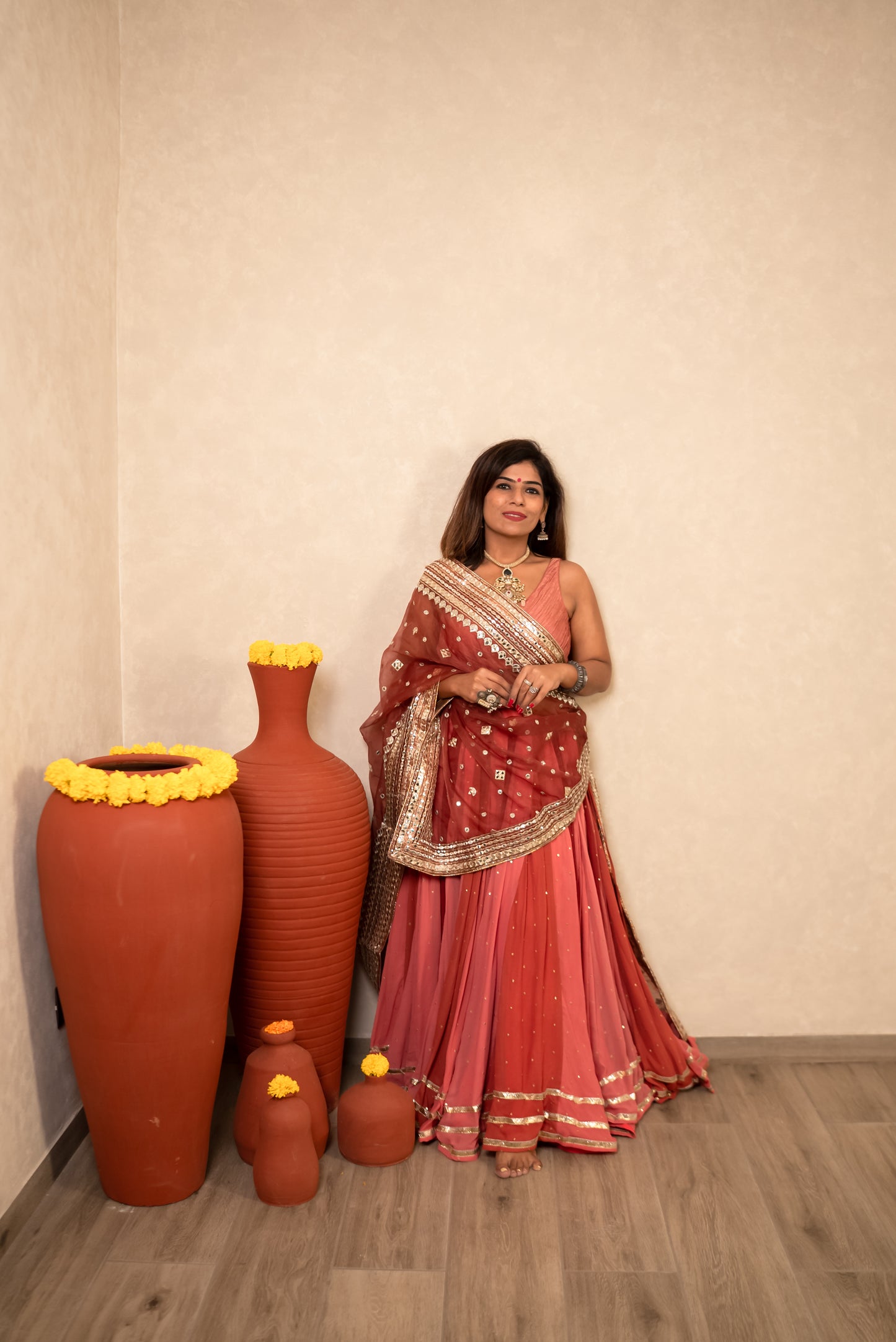 Peach & Maroon Sequined Lehenga