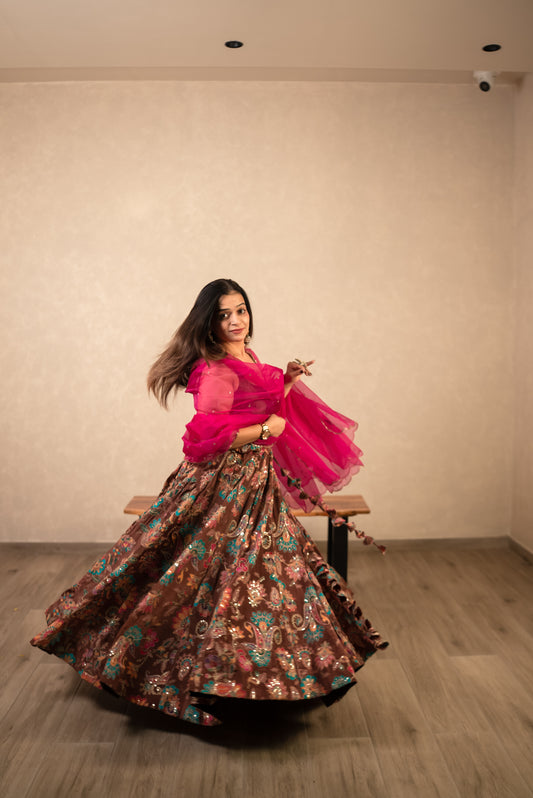 Chocolate Brown Chaniya Choli with Hot Pink Dupatta