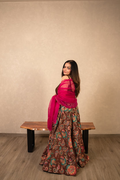Chocolate Brown Chaniya Choli with Hot Pink Dupatta