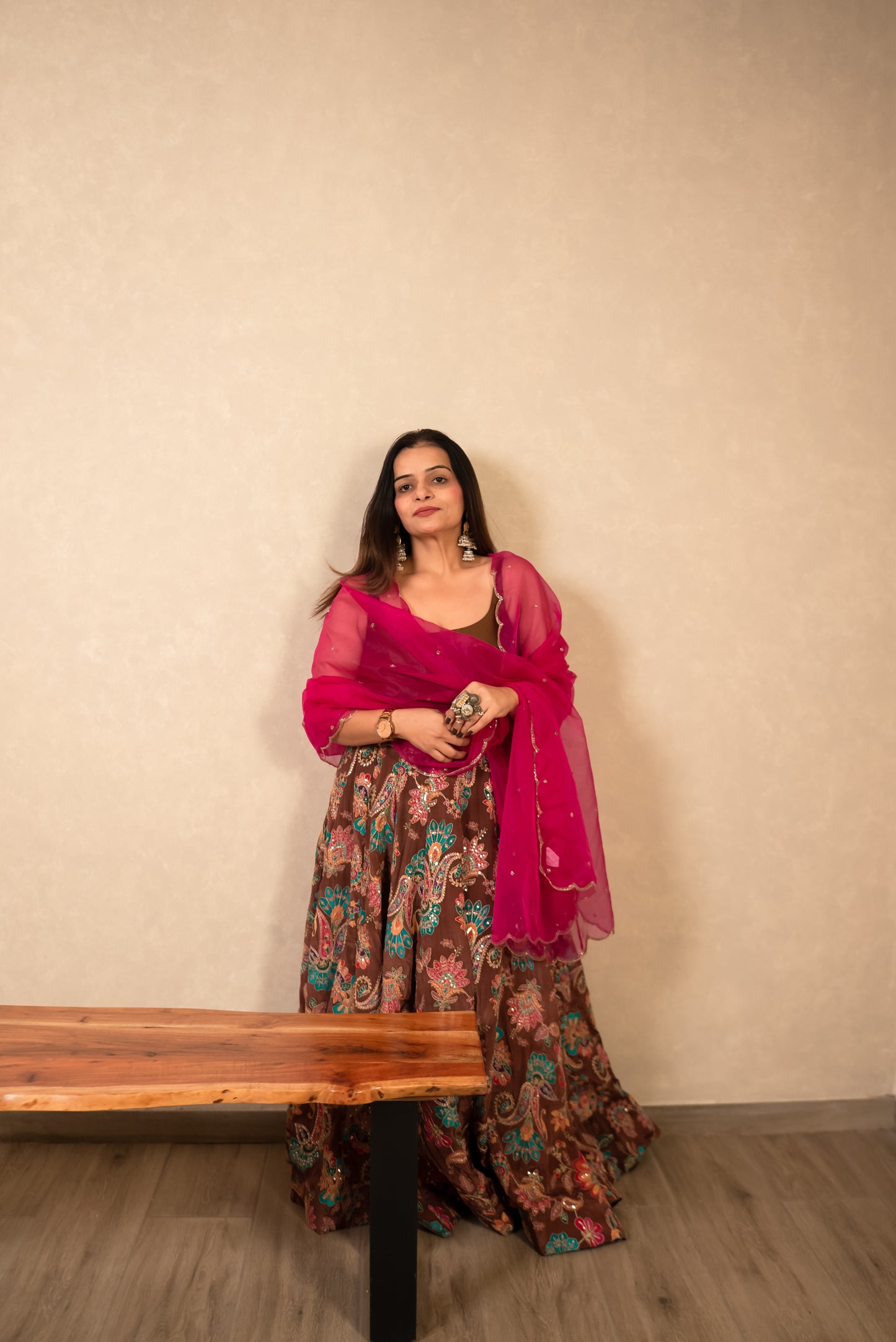 Chocolate Brown Chaniya Choli with Hot Pink Dupatta