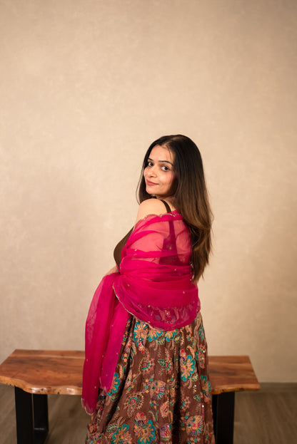 Chocolate Brown Chaniya Choli with Hot Pink Dupatta