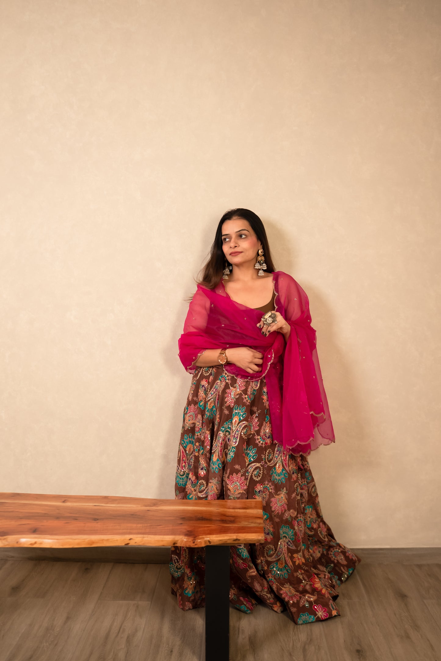 Chocolate Brown Chaniya Choli with Hot Pink Dupatta
