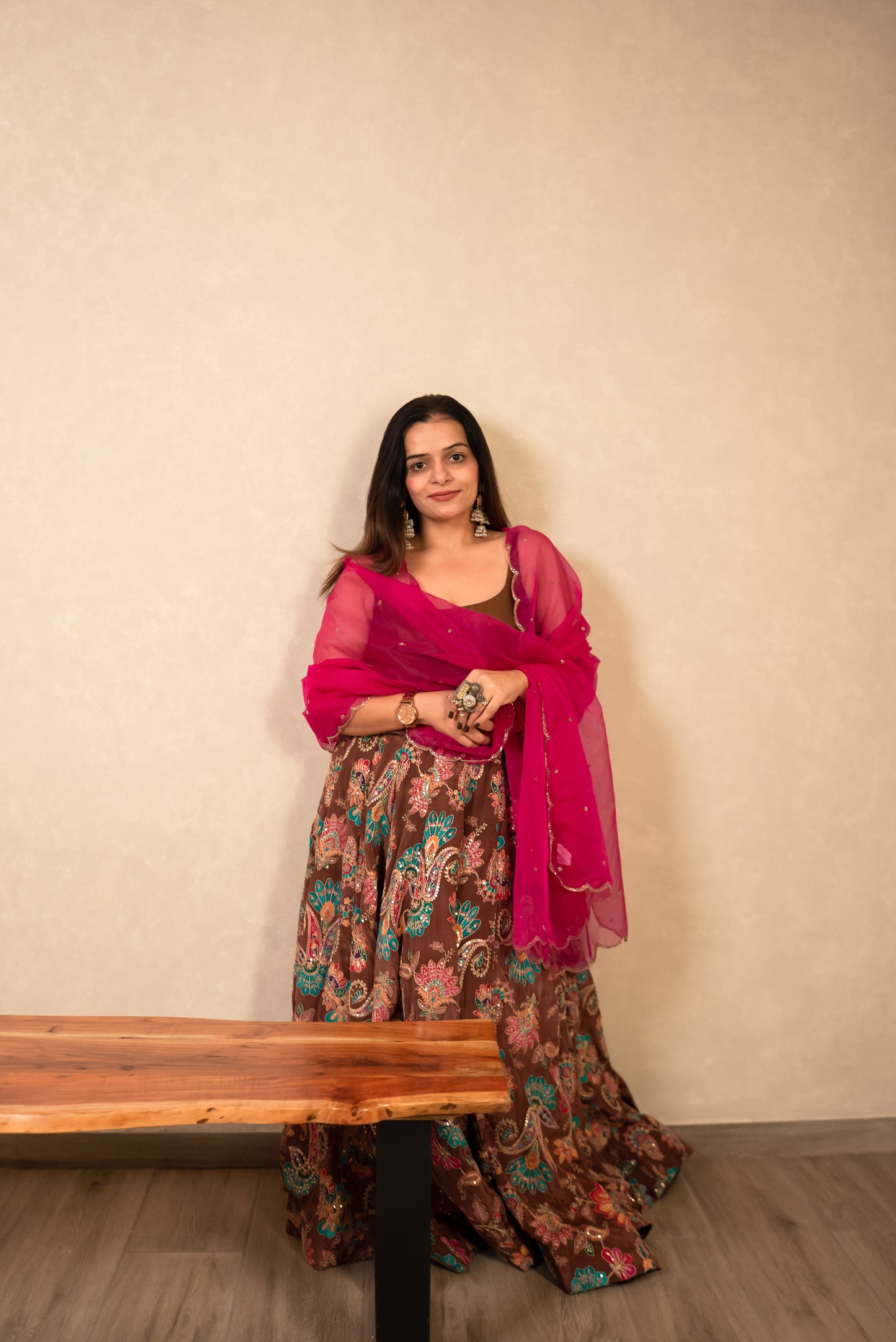 Chocolate Brown Chaniya Choli with Hot Pink Dupatta