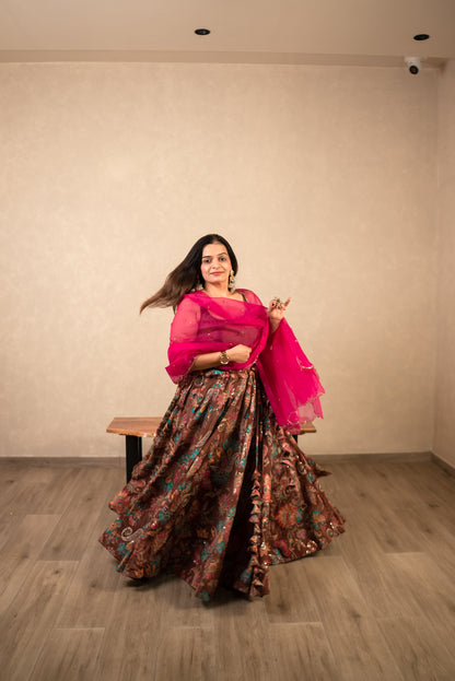 Chocolate Brown Chaniya Choli with Hot Pink Dupatta