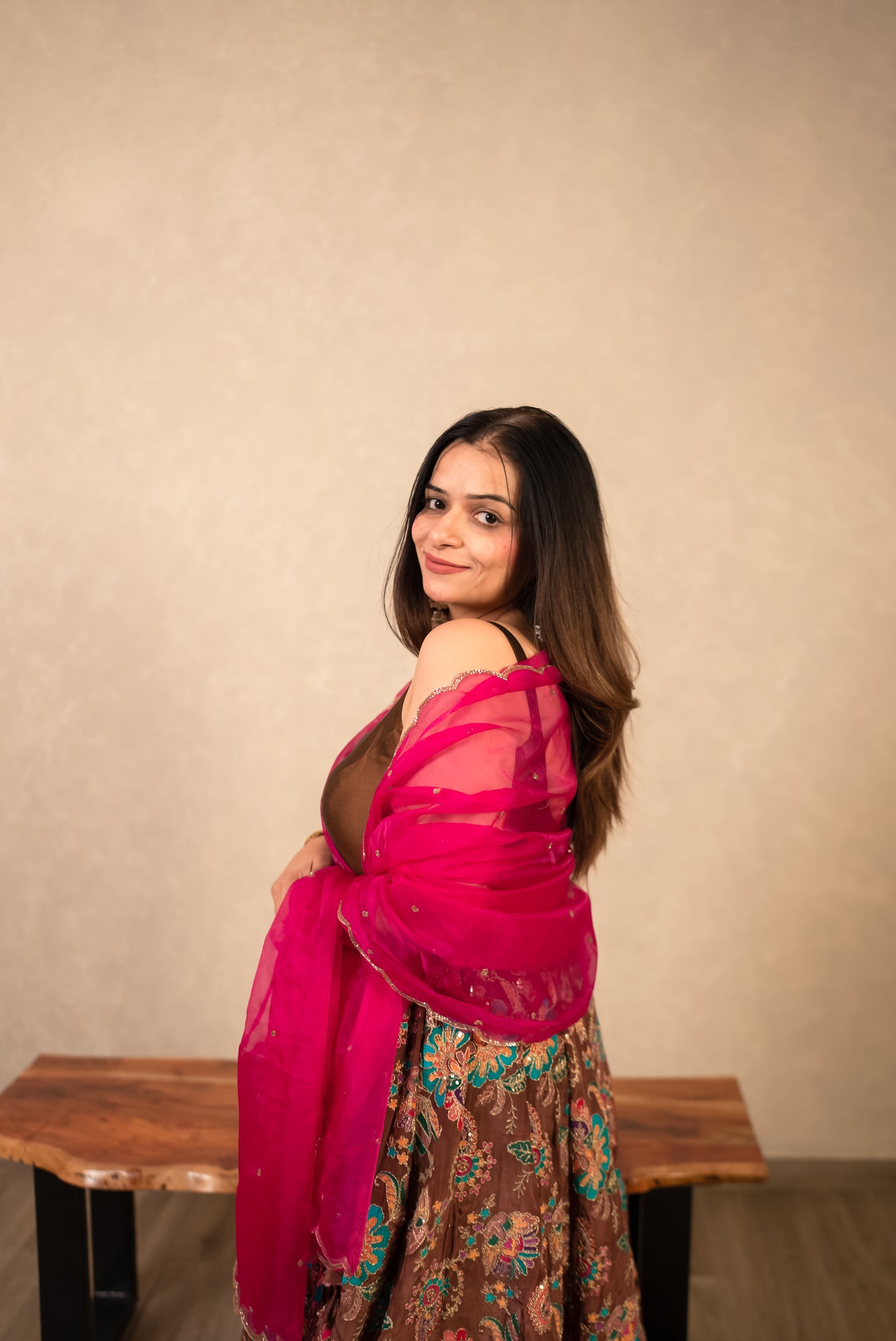 Chocolate Brown Chaniya Choli with Hot Pink Dupatta