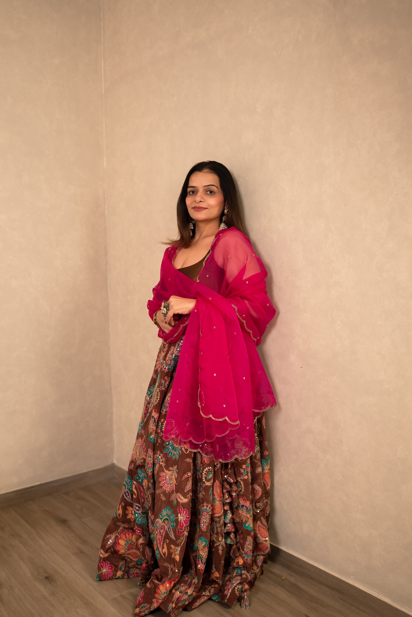 Chocolate Brown Chaniya Choli with Hot Pink Dupatta