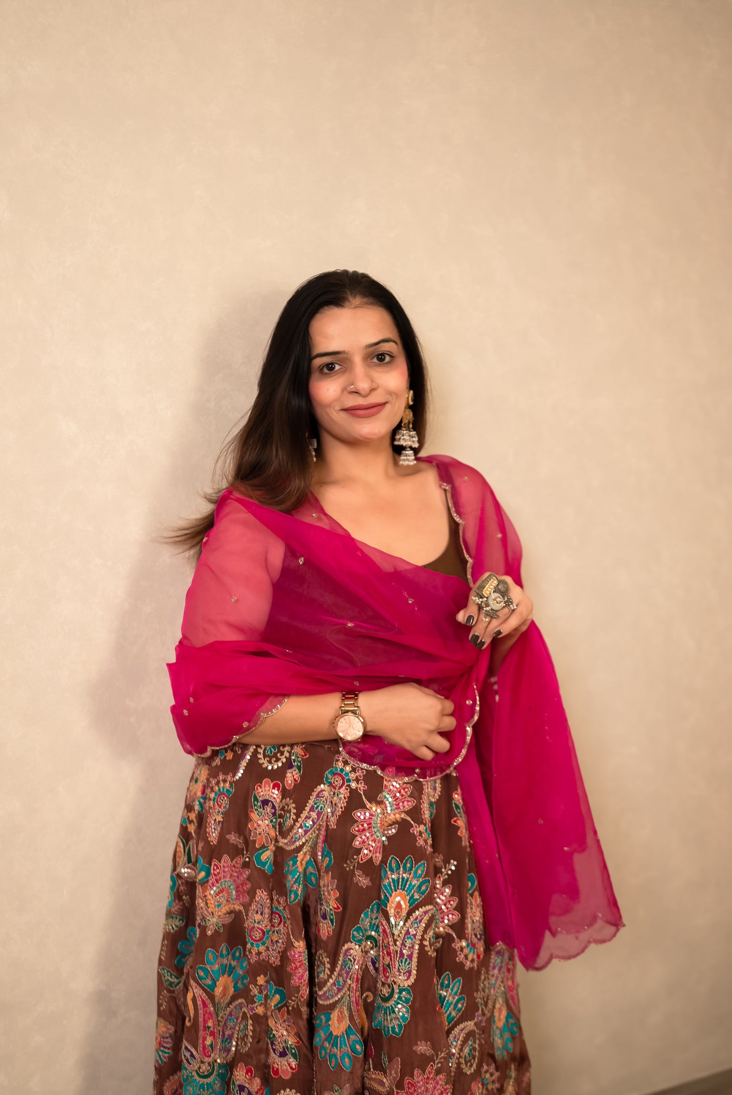 Chocolate Brown Chaniya Choli with Hot Pink Dupatta