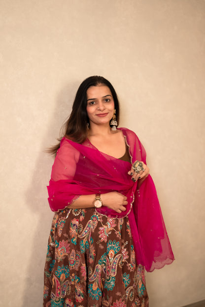 Chocolate Brown Chaniya Choli with Hot Pink Dupatta