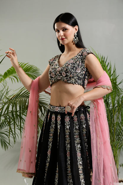 Black and Pink Thread and Mirror hand embroidered Lehenga set