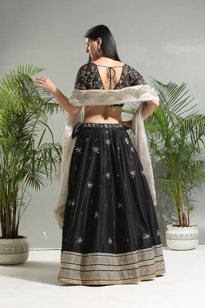 Black mirror embroidered lehenga set