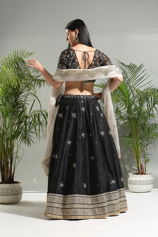 Black mirror embroidered lehenga set
