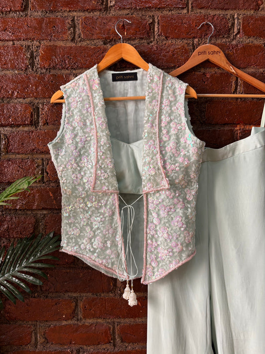 Mint sequin work jacket and pant set