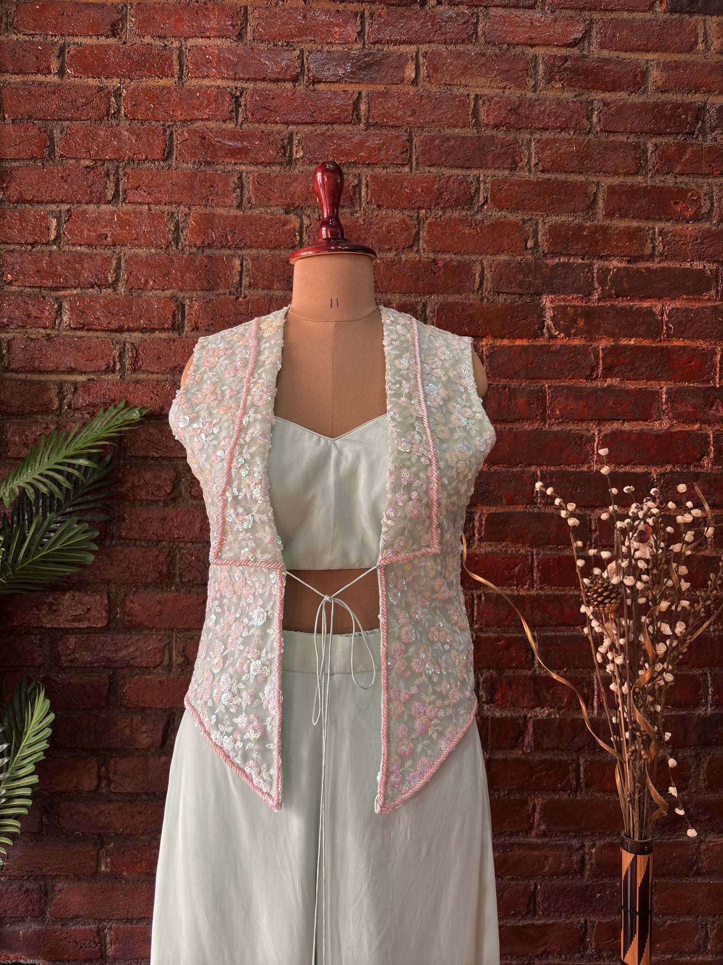 Mint sequin work jacket and pant set