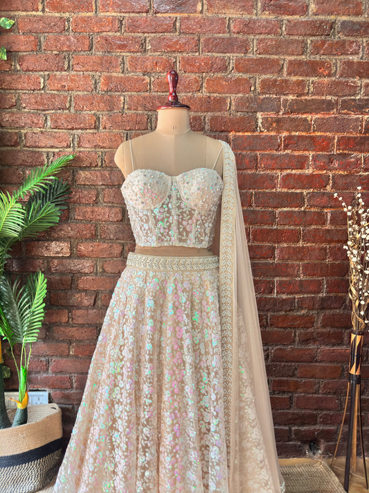 Beige Sequin work corset and   lehenga set