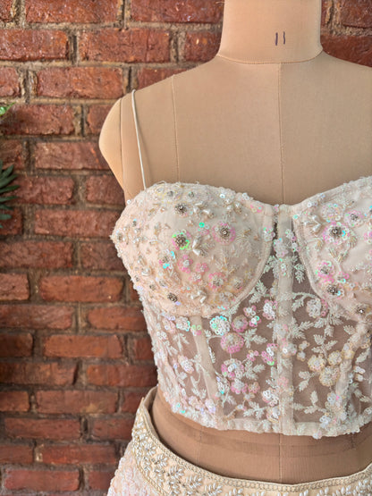 Beige Sequin work corset and   lehenga set