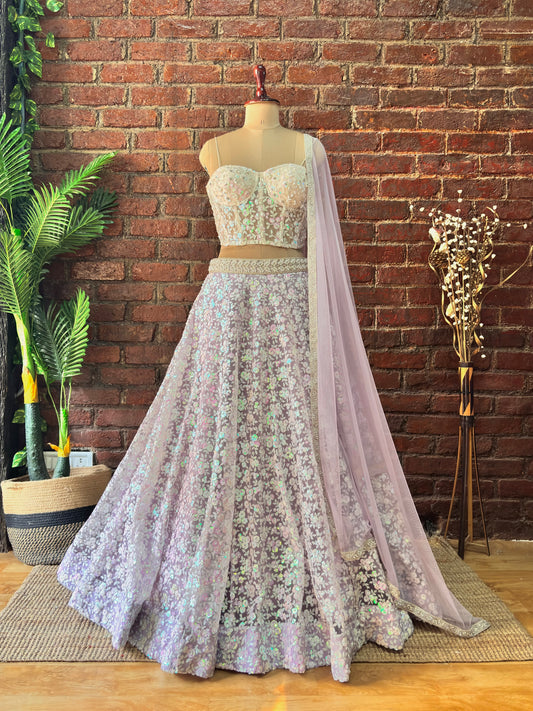 Ivory corset and Lavender Sequin work lehenga set