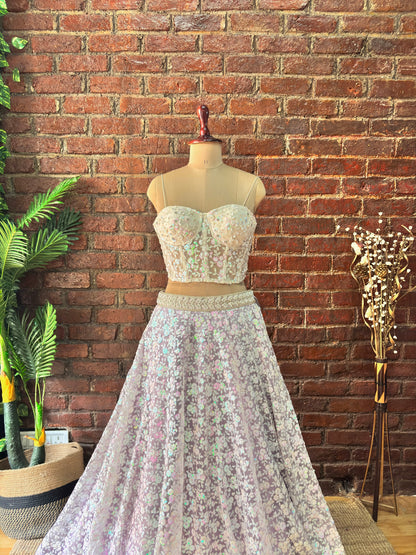 Ivory corset and Lavender Sequin work lehenga set