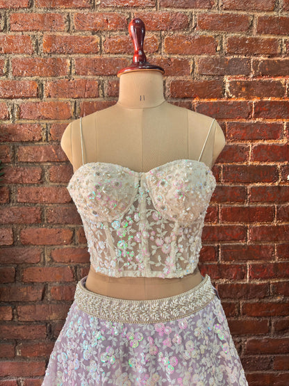 Ivory corset and Lavender Sequin work lehenga set