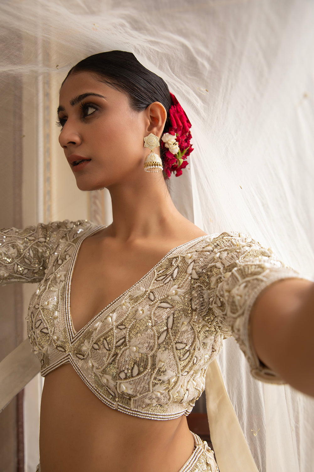 Ivory Lehenga Set With Hand Embroidered Blouse And Silk Organza Dupatta