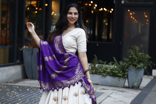 Off-White Silk Lehenga with Purple Banarasi Dupatta