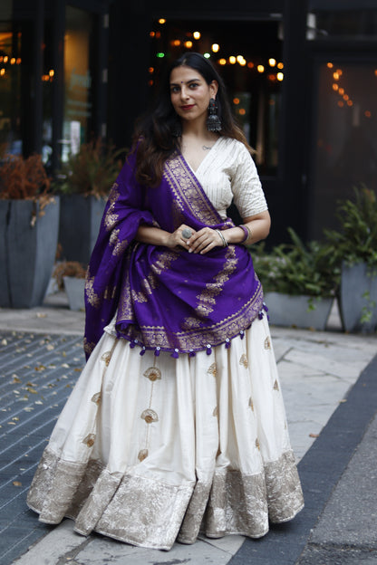 Off-White Silk Lehenga with Purple Banarasi Dupatta