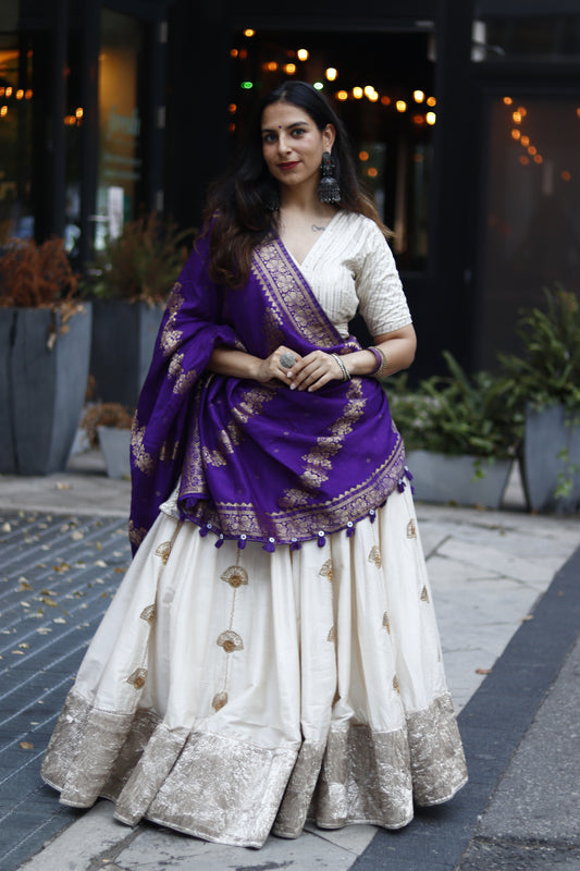 Off-White Silk Lehenga with Purple Banarasi Dupatta