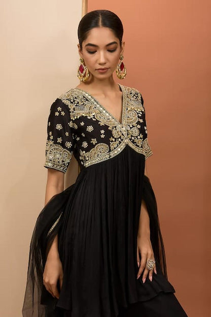 Black Viscose Chiffon Hand Embroidered Anarkali Set