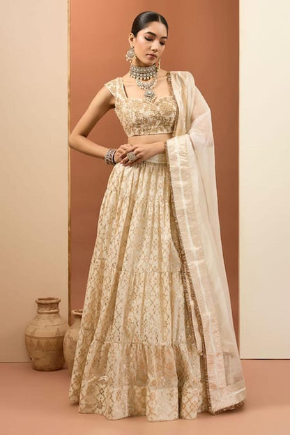 Ivory Banarasi Chanderi Embroidered Lehenga Set