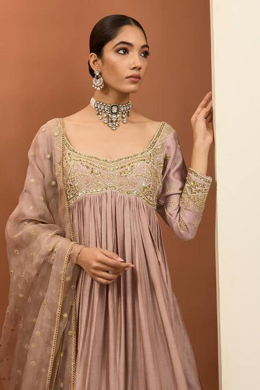 Pink Chanderi Silk Hand Embroidered Anarkali Set